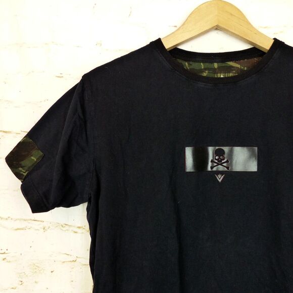 Vency Clothing Brazil Skull Patch T-Shirt Mens L Black Crossbones Camo Rock Punk - Picture 1 of 12